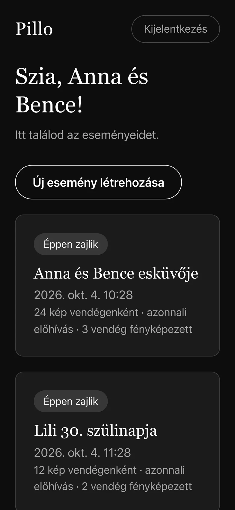 Az eseményeid listája a Pillóban