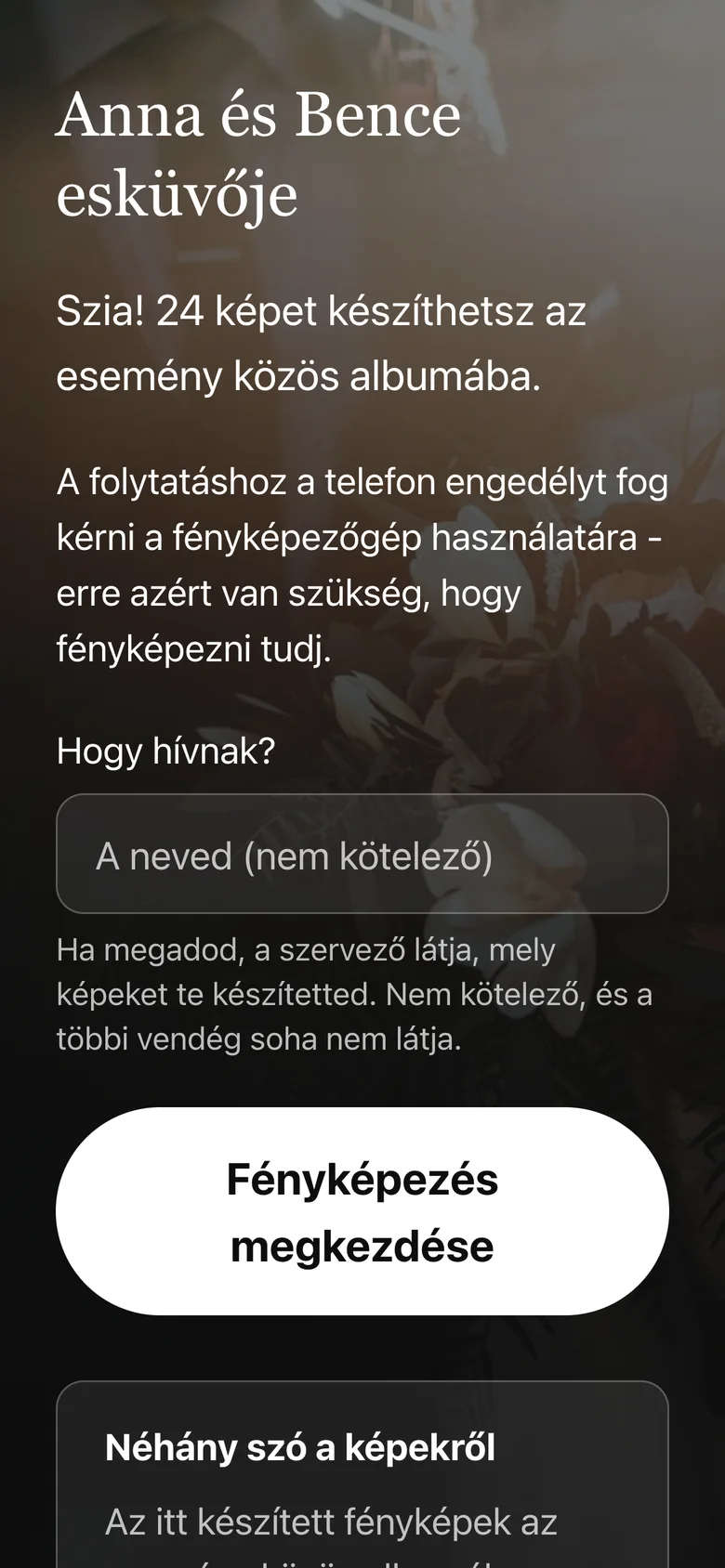 A vendégek nyitóoldala: „Anna és Bence esküvője”